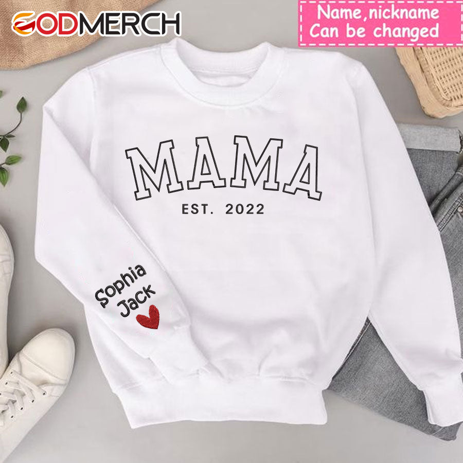 Godmerch Mama, Mom, Custom Names Embroidered Sweatshirt-4