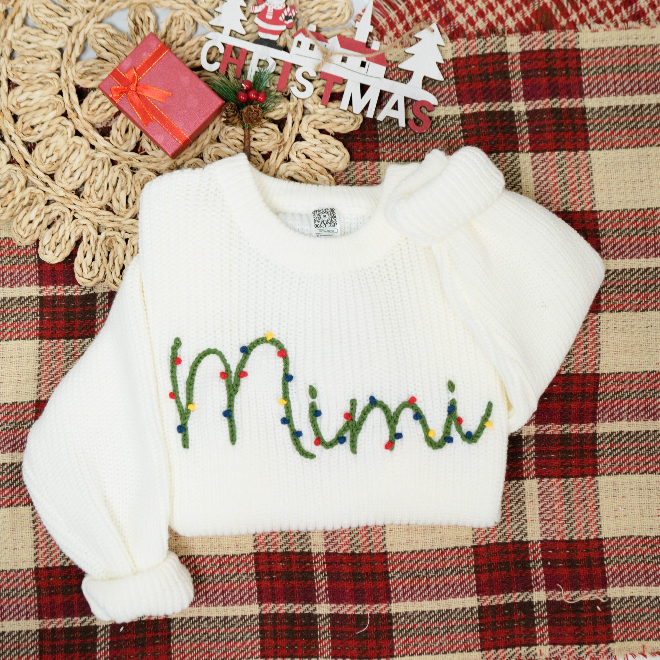 Custom Hand-Embroidered Mimi Christmas Knitted Sweater – Personalized Knit with Festive Lights Design-11